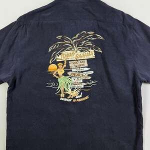 Tommy Bahama Silk Camp Shirt Size M Navy Embroidered Hula Girl Paradise